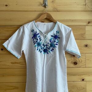 Embroidered White and Blue Women's Top